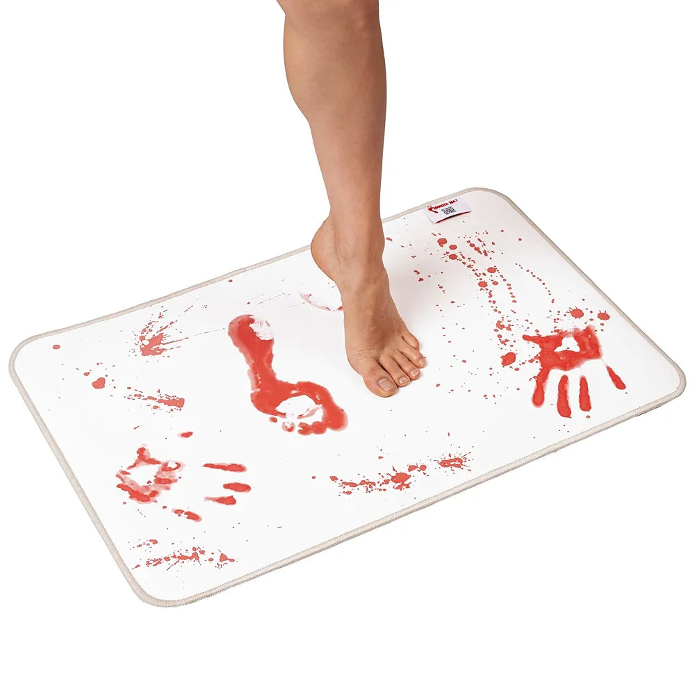 The Murder Mat - Color Changing Horror Bath Mat with Red Footprint Effect – Scary Bathroom Decor for Halloween or Pranks